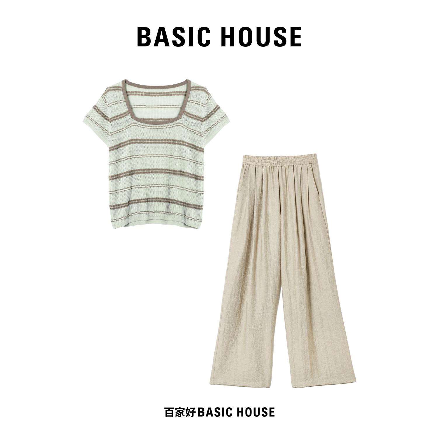 百家好条纹针织衫短袖高腰裤套装