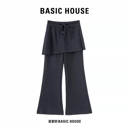 Basic House/百家好假两件裙裤女高腰微喇喇叭裤百搭显瘦休闲长裤
