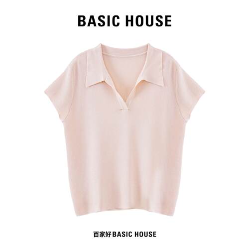 Basic House/百家好夏季薄款Polo领纯色针织短袖宽松显瘦正肩上衣