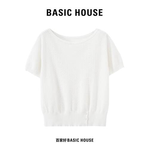 Basic House/百家好夏季薄款针织短袖女圆领提花设计感短款上衣