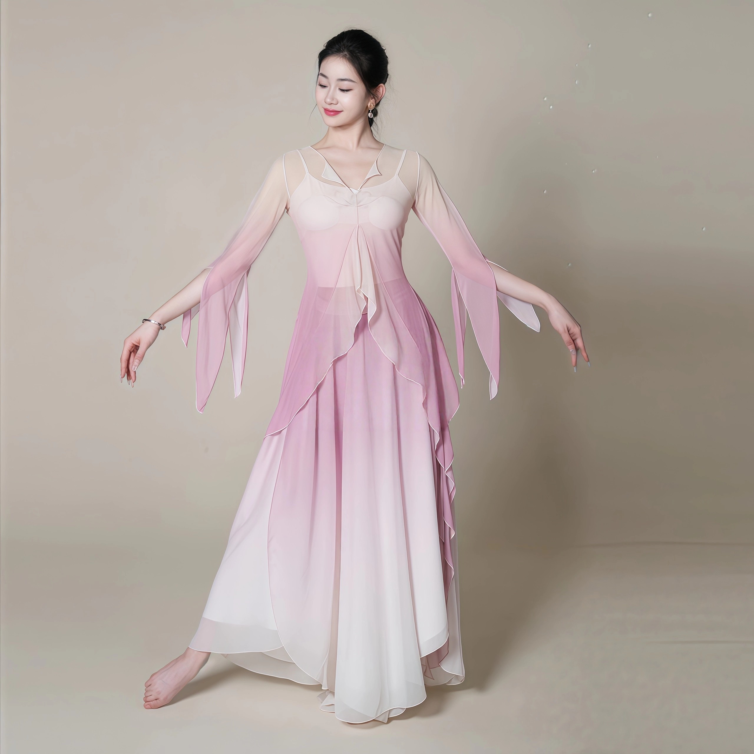 烟粉婳之歌韩婳仙气飘逸古典舞服喇叭袖V领渐变纱衣练功服舞蹈服