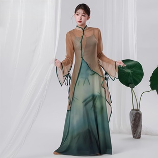 新款古典舞服装新中式墨绿色渐变飘逸纱衣吊带连衣裙可日常舞蹈服