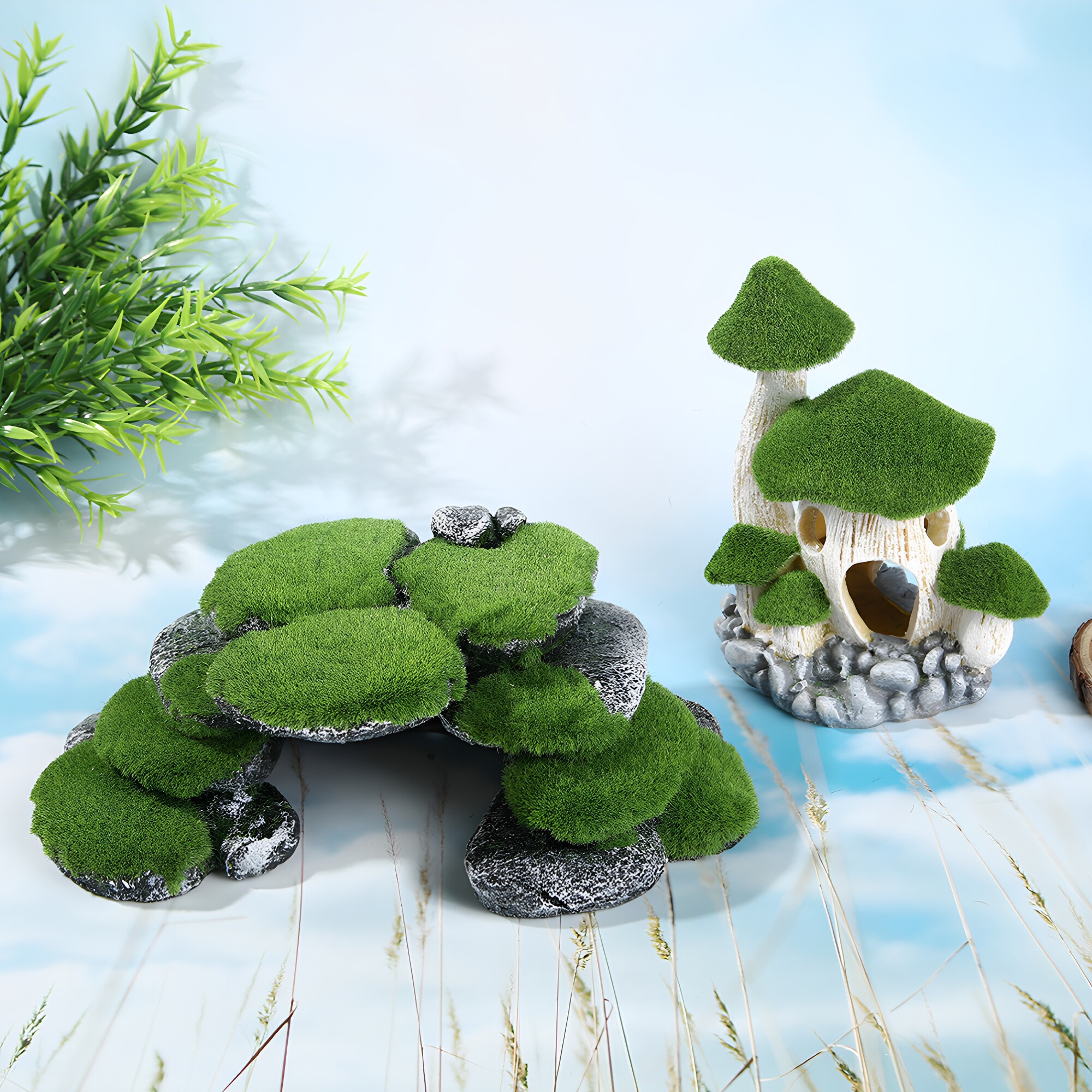 鱼缸造景植绒苔藓蘑菇躲避屋水族箱摆件仿真青苔石台阶树脂工艺品
