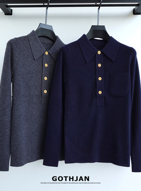 老钱风羊毛真丝针织长袖polo衫女2025早秋新款藏蓝色正肩翻领上衣