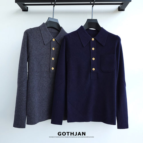 羊毛真丝金扣polo领针织衫长袖女