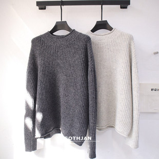 上衣毛线衣 毛衣女冬灰色羊毛圆领针织衫 高级松驰羊毛衫 加厚中长款