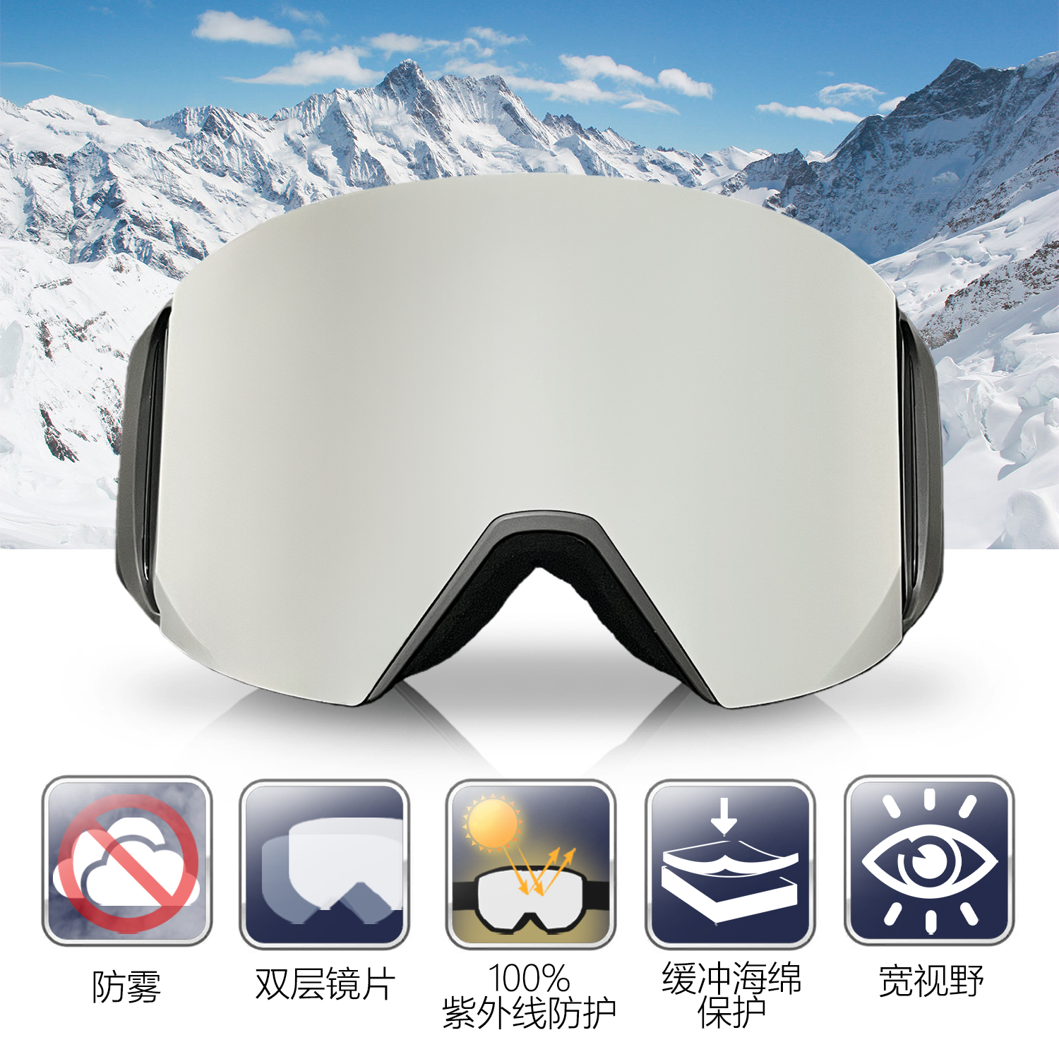 ZQIYDYP磁吸半框滑雪镜双层防紫外线防雾登山护目镜可卡近视眼镜