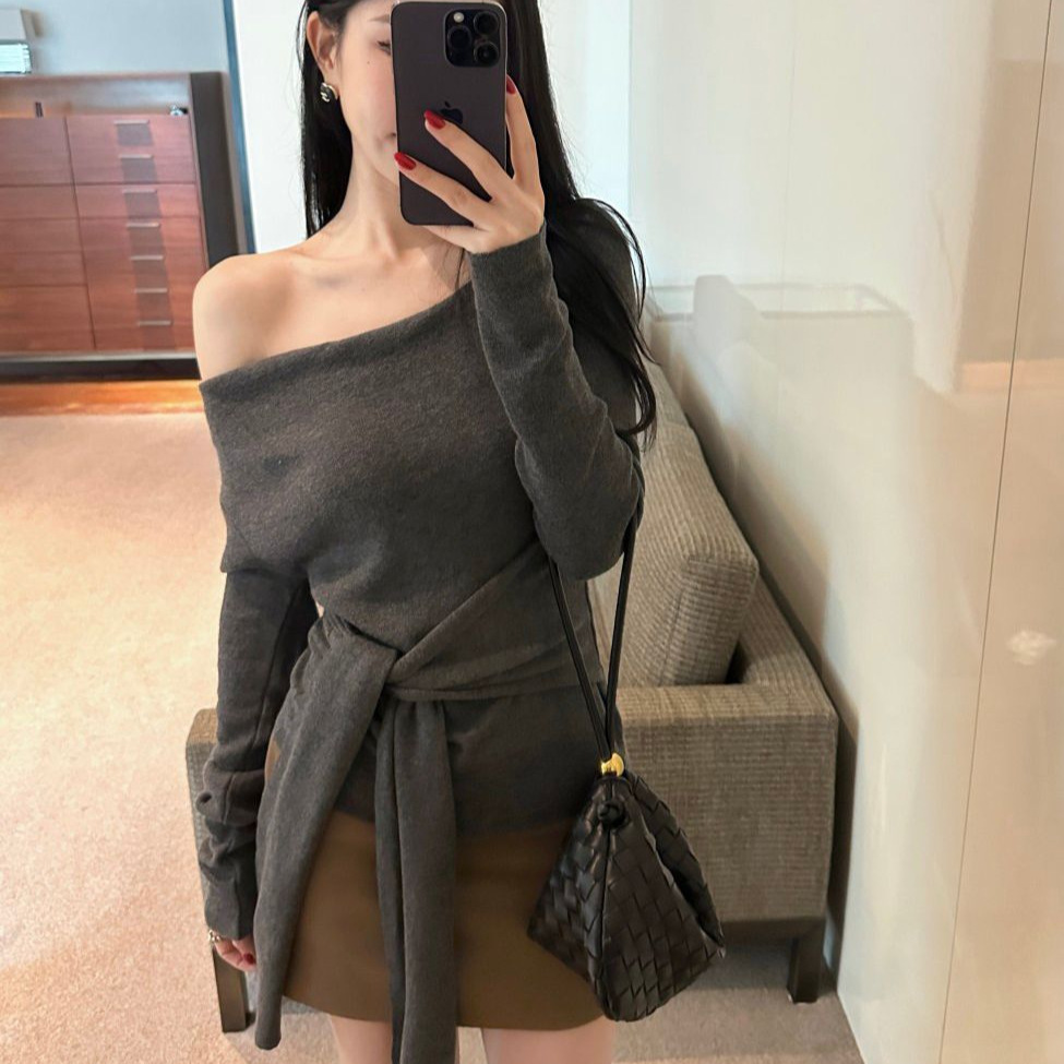 不规则收腰绑带针织衫女
