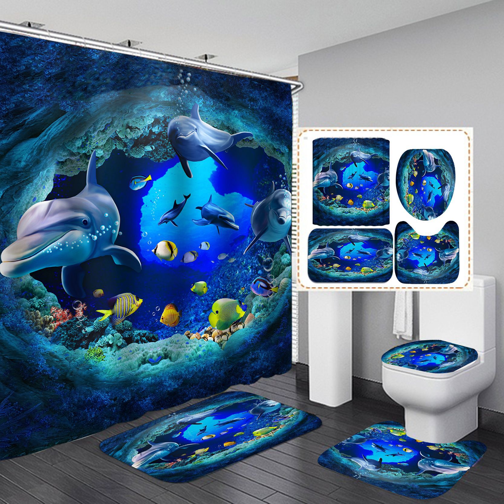 蓝色海豚防水浴帘海洋生物防水防霉卫生间淋浴隔断浴帘套装