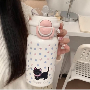 可爱小猫保温杯新款 日式 女生高颜值水杯双饮大容量316不锈钢吸管