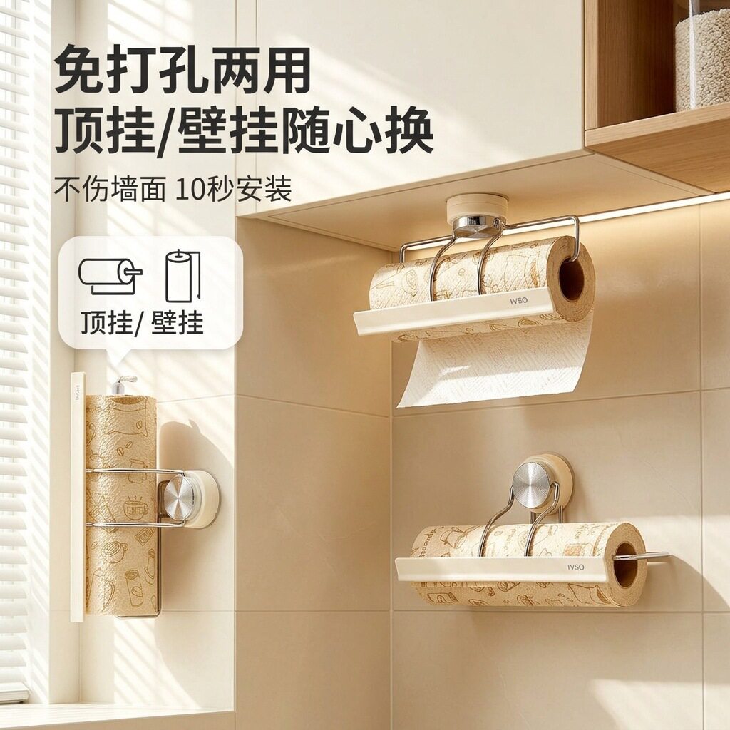 胡桃木纹吸盘厨房纸巾架