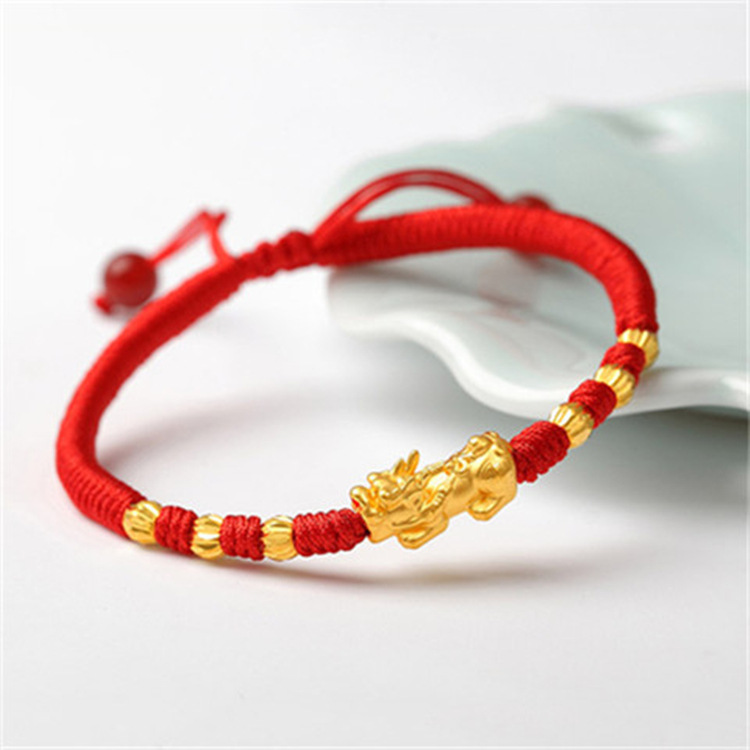 黄铜镀金貔貅手链仿黄金首饰本命年情侣礼物手工编织金珠红绳手环