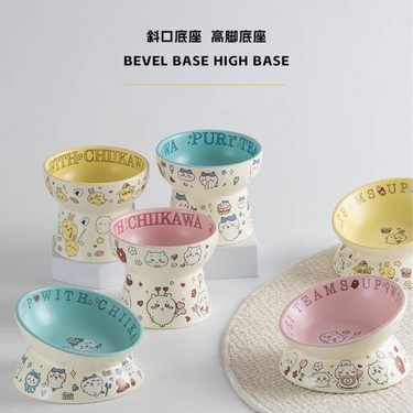 可爱陶瓷碗护颈猫咪食碗狗狗吉伊卡哇水碗粮碗宠物斜口防黑SW030