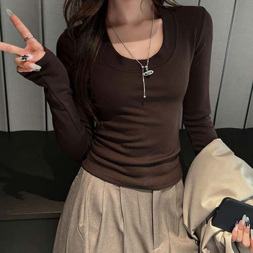 美拉德辣妹打底衫女秋冬大圆领正肩长袖t恤修身显瘦内搭上衣