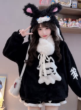 幽灵猫猫黑色毛衣宽松保暖毛茸茸圆领上衣+短裙冬季新款套装