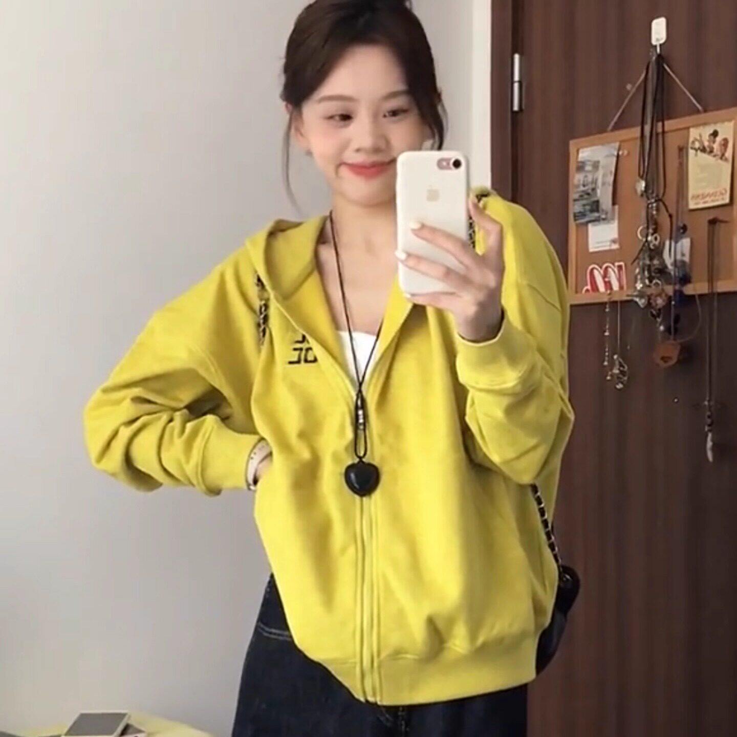黄色卫衣女外套女2026新款宽松慵懒风休闲复古连帽开衫夹克上衣潮