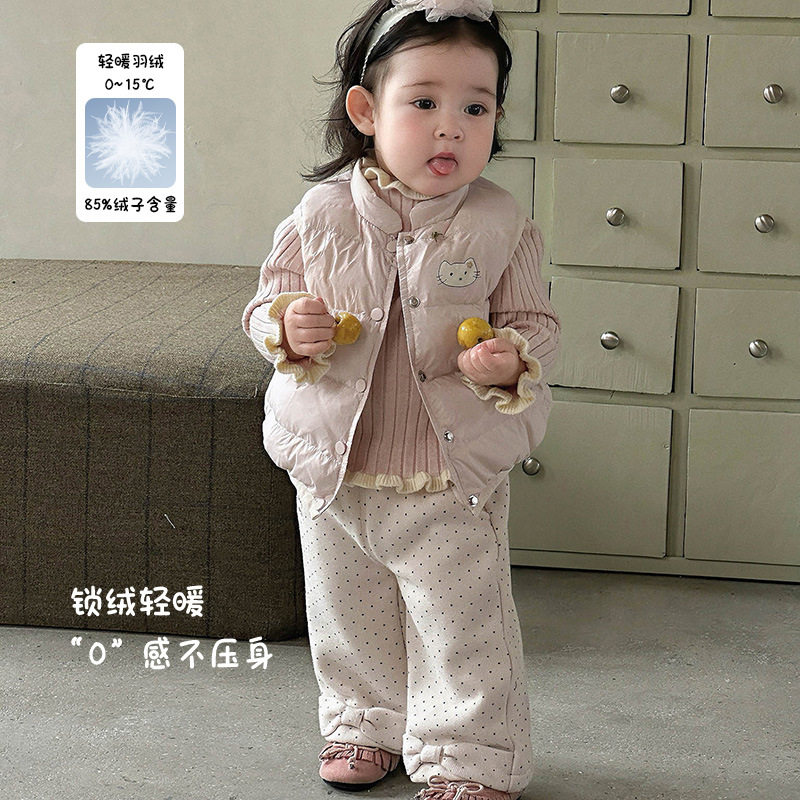 冬季女童卡通可爱羽绒马甲可爱女宝猫咪印花无袖外套保暖背心 a类