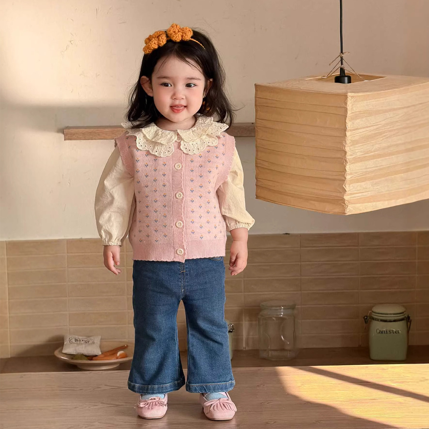 女童针织马甲春款韩版可爱碎花娃娃衫无袖背心童装宝宝花边领打底