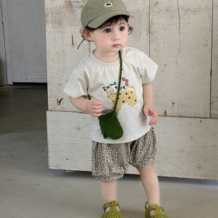 男宝宝T恤上衣五分裤套装夏季婴幼儿卡通短袖豹纹短裤两件套 a类