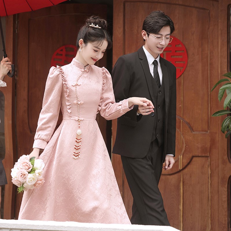 粉色旗袍敬酒服新娘新中式结婚订婚礼服裙伴娘连衣裙大码.胖mm春