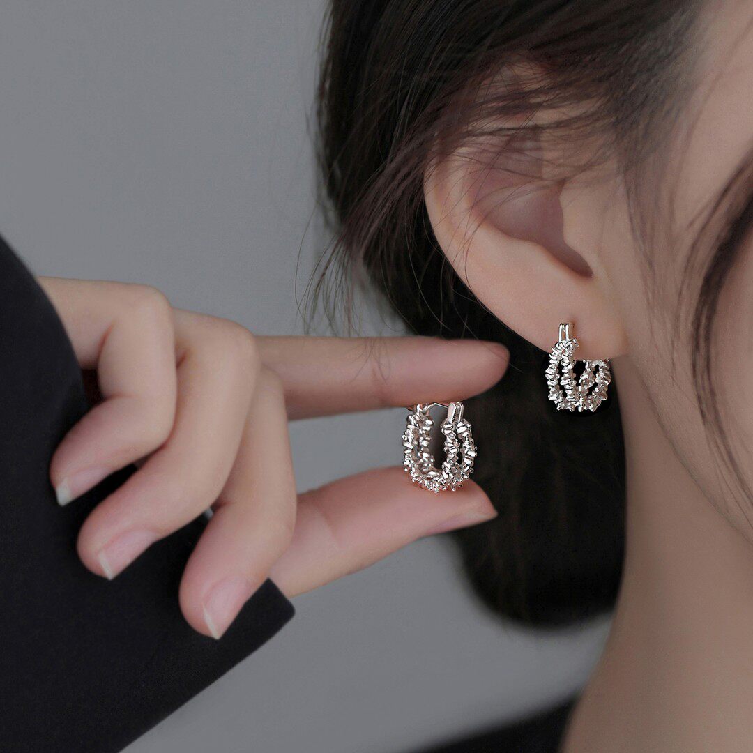 合金耳饰 耳针999银针双层碎银耳环设计感轻奢气质耳圈女小众时尚