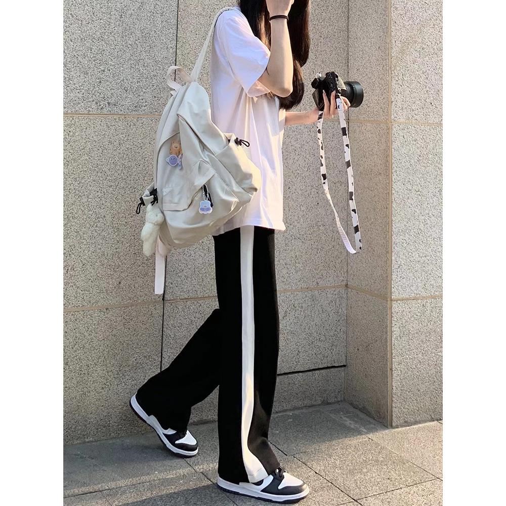 侧白边休闲运动裤女2024新款春秋季百搭学生裤子直筒裤黑色阔腿裤