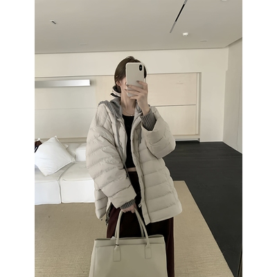 明摩羽绒服轻薄排骨女中长款2025秋冬新款泡芙针织连帽可拆卸韩系
