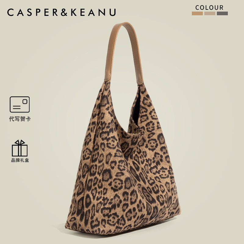 CASPER&KEANU复古豹纹绒面托特包