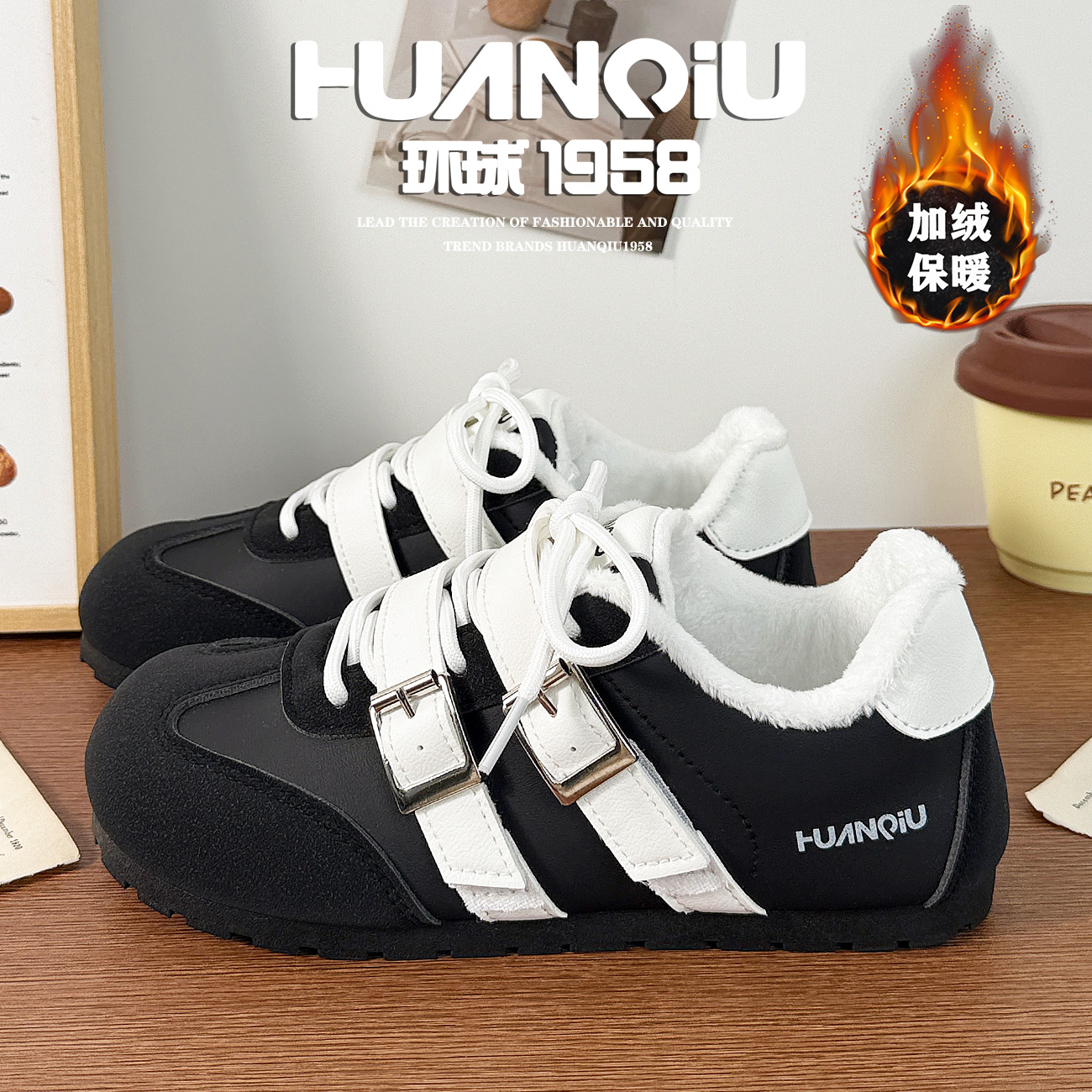 环球加绒保暖魔术贴运动小黑鞋