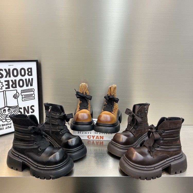 日本OFFCAT厚底马丁靴女款2025新款秋冬小个子增高棕色加绒低帮短