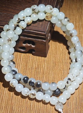 正宗新疆和田玉籽料白玉7*8mm老型珠108手链罕见天然黑皮原皮原色