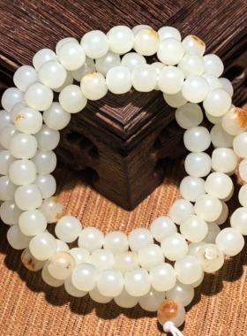 正宗新疆和田玉籽料洒金皮7*8mm老型珠手链108颗天然原皮高油高润