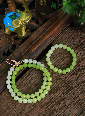 正宗新疆和田玉青黄口料10mm项链手串套装女款妈妈链高油高润天然