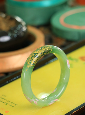 正宗和田玉翠青描金富贵有余56圈口手镯少女天然玉石高档珠宝送礼