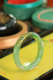 正宗和田玉翠青描金富贵有余56圈口手镯少女天然玉石高档珠宝送礼