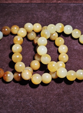 正宗新疆和田玉籽料黄沁12mm圆珠手串天然肉沁色老熟高油润收藏