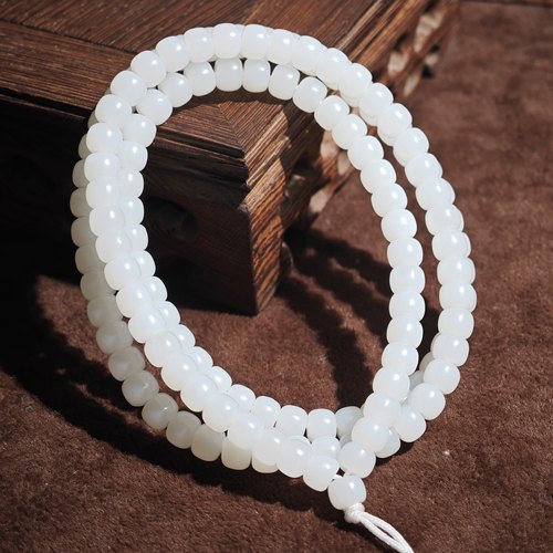 新疆和田玉羊脂白玉6mm老型珠手链126颗一级白算盘珠多圈手串珠链