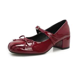 自然卷文艺女鞋羊皮版法式褶皱蝴蝶结浅口单鞋一字扣带粗跟玛丽珍