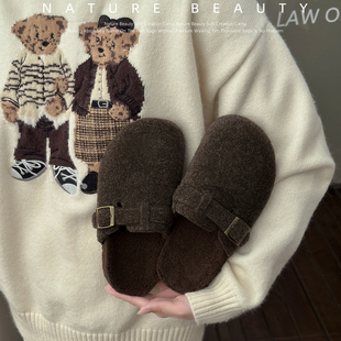 自然卷舒适毛呢包头勃肯拖鞋平底保暖皮带扣一脚蹬懒人加绒毛毛拖