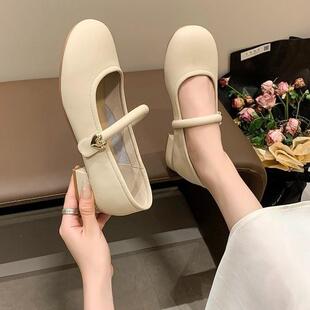 自然卷文艺女鞋圆头浅口复古百搭配裙子粗跟单鞋白色法式玛丽珍