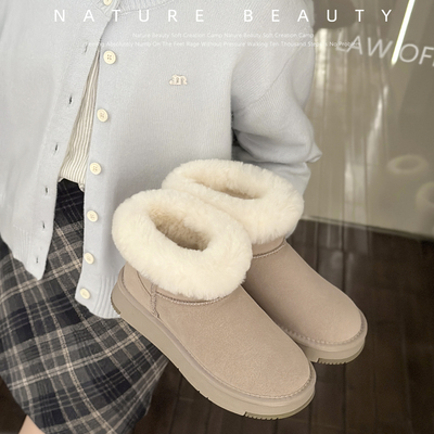 自然卷防泼溅水牛绒厚底雪地靴经典翻边毛毛鞋复古休闲舒适短靴女