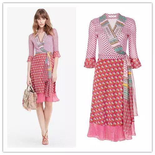 PG DVF欧美春夏新款连衣裙印花喇叭袖系带修身荷叶边摆裹胸女装潮