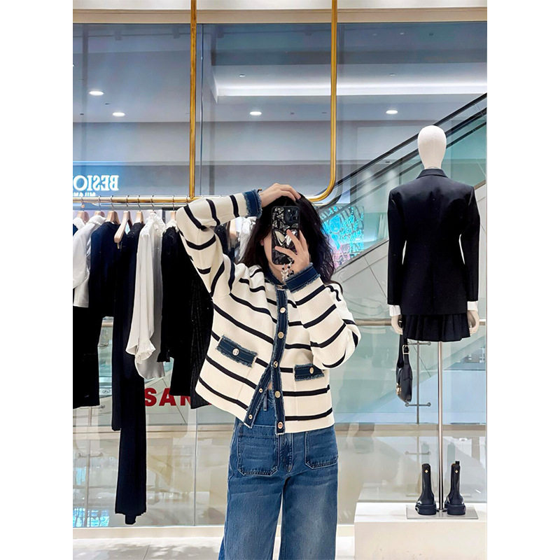 2025S家早春新款简约韩系黑白条纹牛仔拼接POLO领开衫外套240357
