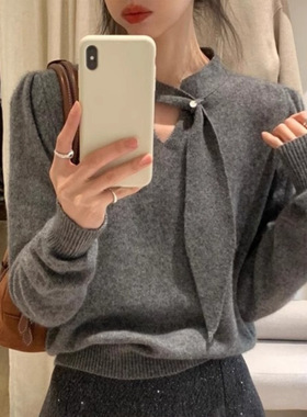 法式温柔飘带v领镂空灰色毛衣女秋季内搭打底针织衫独特别致上衣