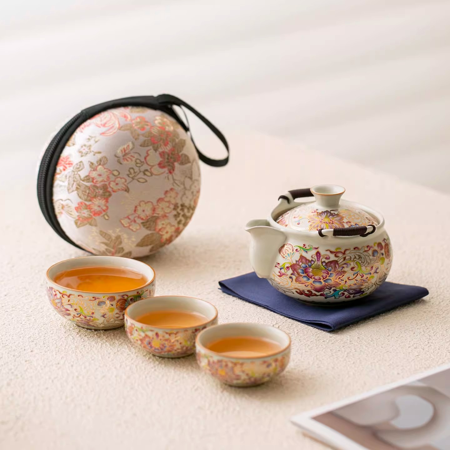 汝窑旅行茶具套装便携式快客杯一壶三杯户外露营泡茶壶一人饮茶具