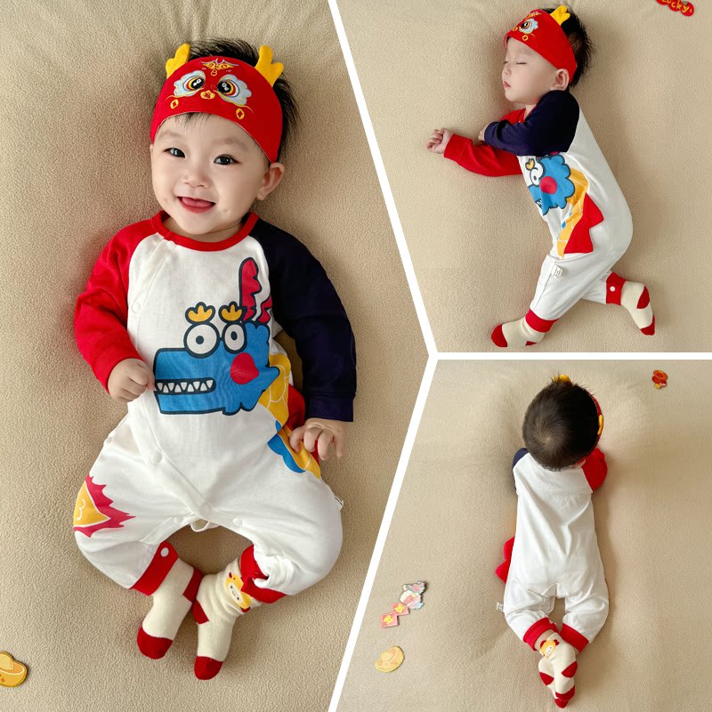 新生儿满月服喜庆婴儿新年服百天宴男宝宝秋季连体衣红色超萌春装