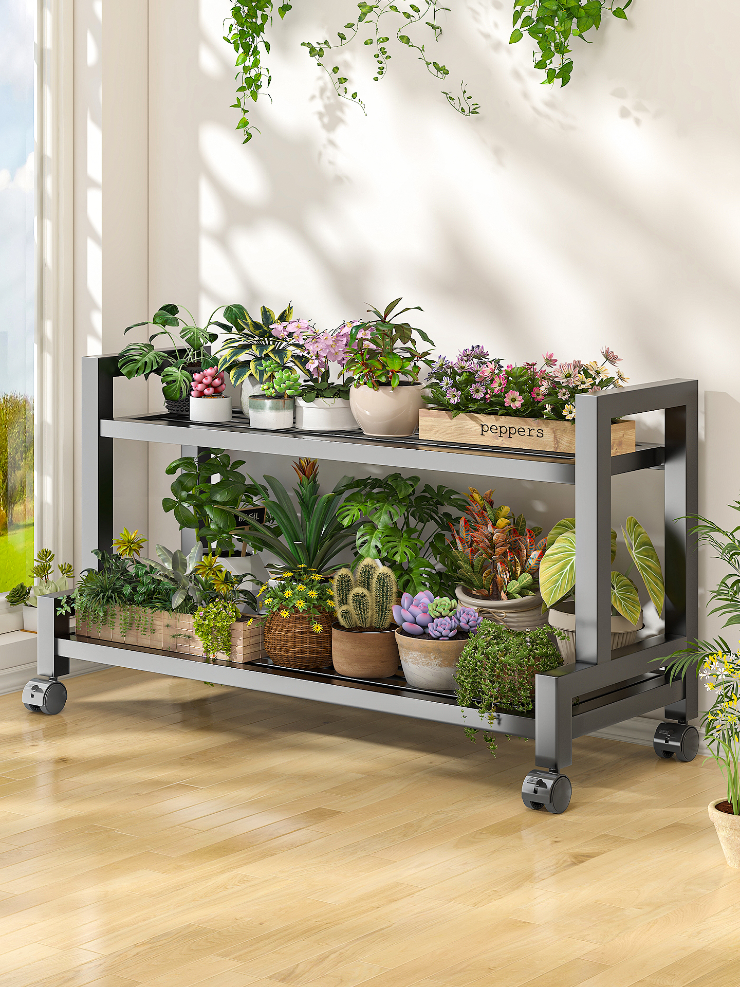 多层架花架置物架阳台客厅落地式可移动多肉绿植花盆一体带轮靠墙