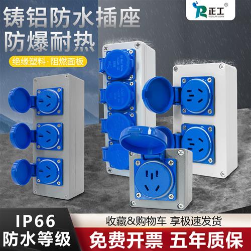 新国标室外防水防爆插座盒工业220V蓝色面板10A16A三孔五孔延长线