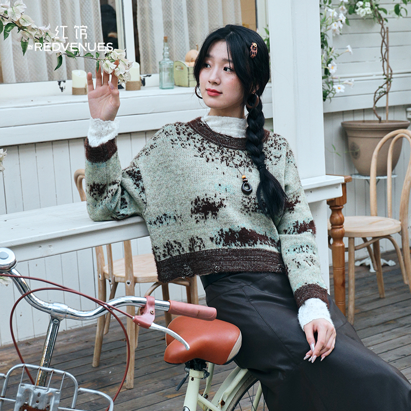 红馆|设计师款毛衣女撞色拼接套头毛衣25秋冬新款毛衣慵懒文艺风