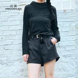 新款 小个子高腰五分裤 短裤 女外穿靴裤 女深灰色毛呢短裤 红馆25冬季